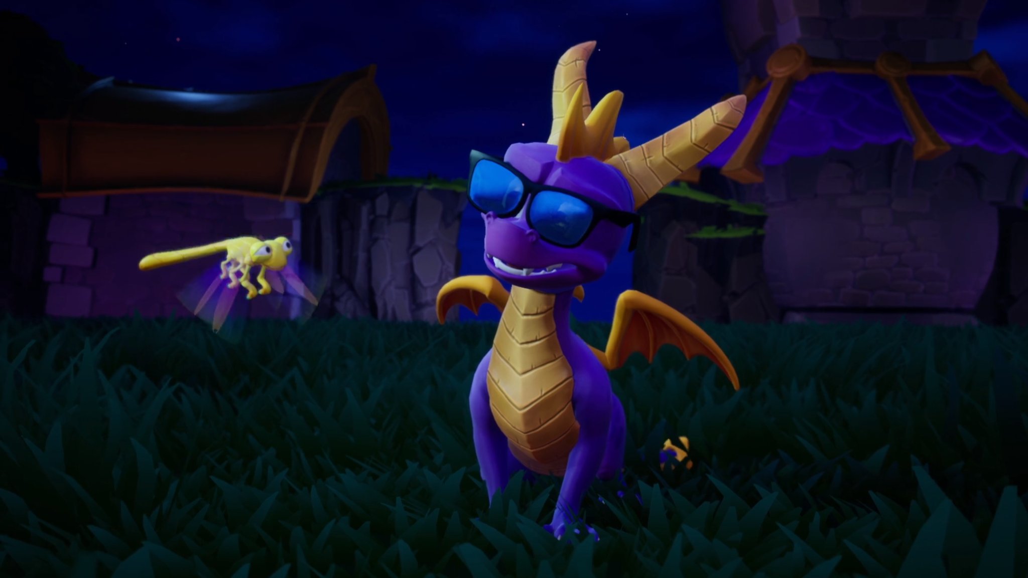 Spyro wearing cool sunglasses at night