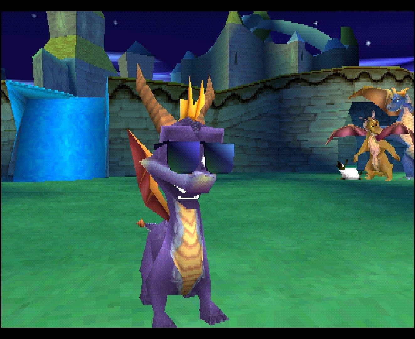 Spyro wearing cool sunglasses at night