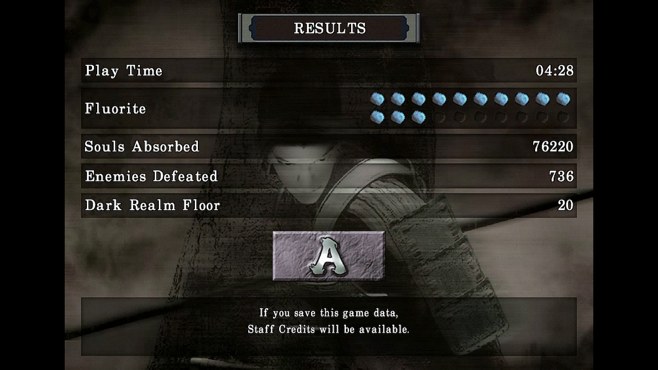 My Onimusha Results: 4 hours and 28 minutes, 13 of 20 Flourites found, 76,220 souls absorbed, 736 enemies defeated, and Dark Realm Floor 20 reached. Final Rating is A.